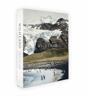 Book cover of "Wild Land" featuring a rugged landscape with snowy mountains and a glacier. Penguins gather by the shoreline, evoking a sense of untouched nature.